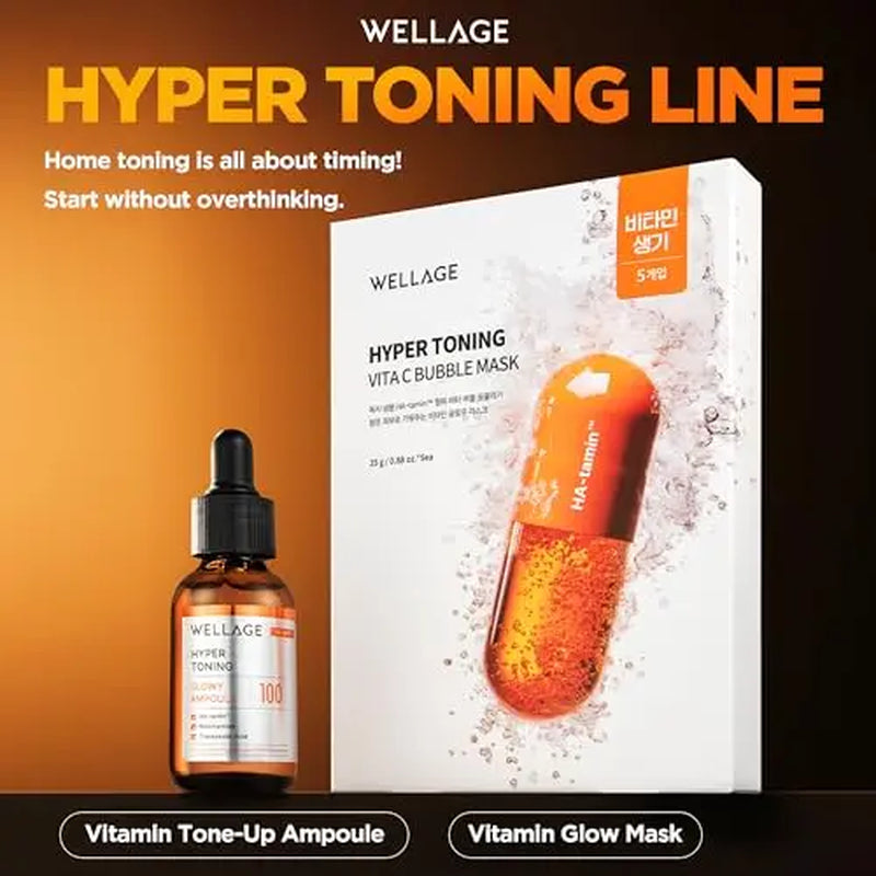 Wellage Hyper Toning Vita C Bubble Mask 5Ea | Vitamin C, Brightening, Blemish-Free, Tone-Up Sheet Mask, Korean Skincare