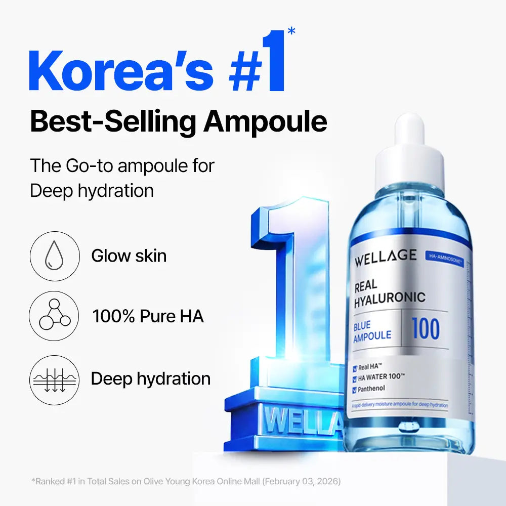 Wellage HYALURONIC DUO | Real Hyaluronic Blue Ampoule 75Ml (2.54 Fl.Oz) + Real Hyaluronic Oneday Kit 7Ea with Lightweight, 100% Pure Hyaluronic Acid for Deep Hydration and Dewy Skin, Korean Skincare Set