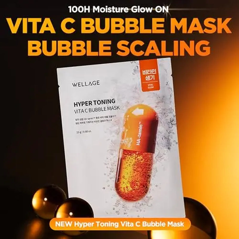 Wellage Hyper Toning Vita C Bubble Mask 5Ea | Vitamin C, Brightening, Blemish-Free, Tone-Up Sheet Mask, Korean Skincare