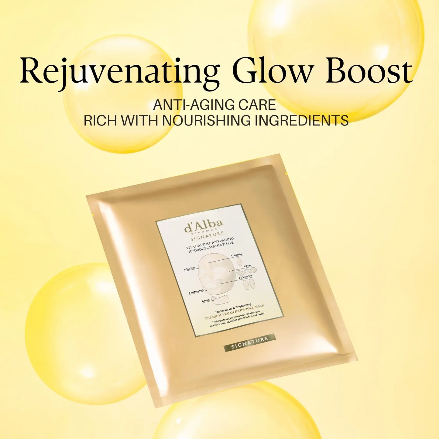 [OFFICIAL D'Alba] Signature Vita Capsule Hydrogel Mask 8-Shape 1BOX (4 Sheets) – Overnight Mask W/ Trufferol, Vitamin C, Collagen, Ceramide NP - Rejuvenating Glow Boost