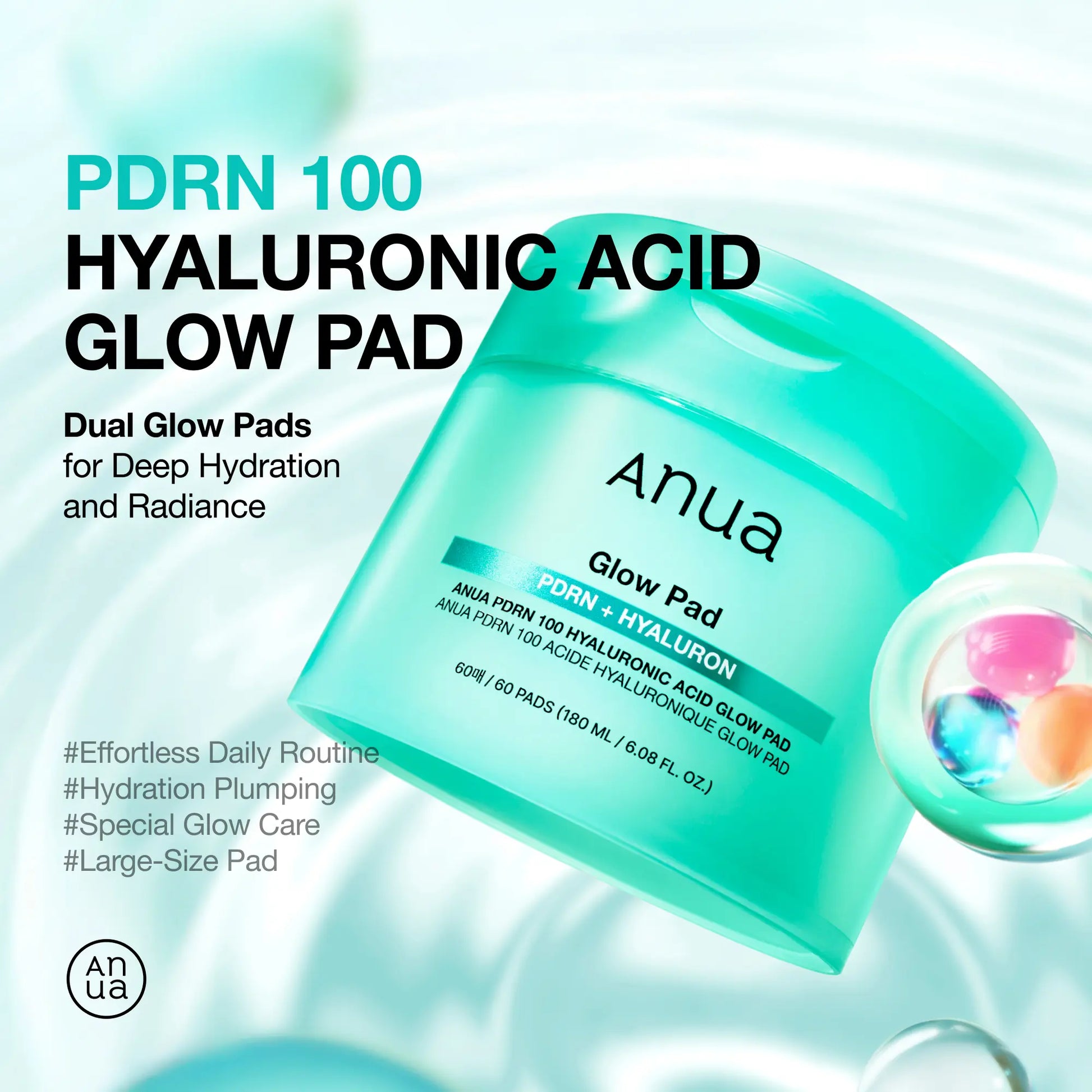 [Anua] PDRN 100 Hyaluronic Acid Glow Pad (180Ml / 60Pads)｜Deep Hydration, Radiance, Toner Pads, Korean Skincare, Rejuvenating, Firming, Collagen, Moisture Plumping, Vegan Fabric, Peptides, Glow