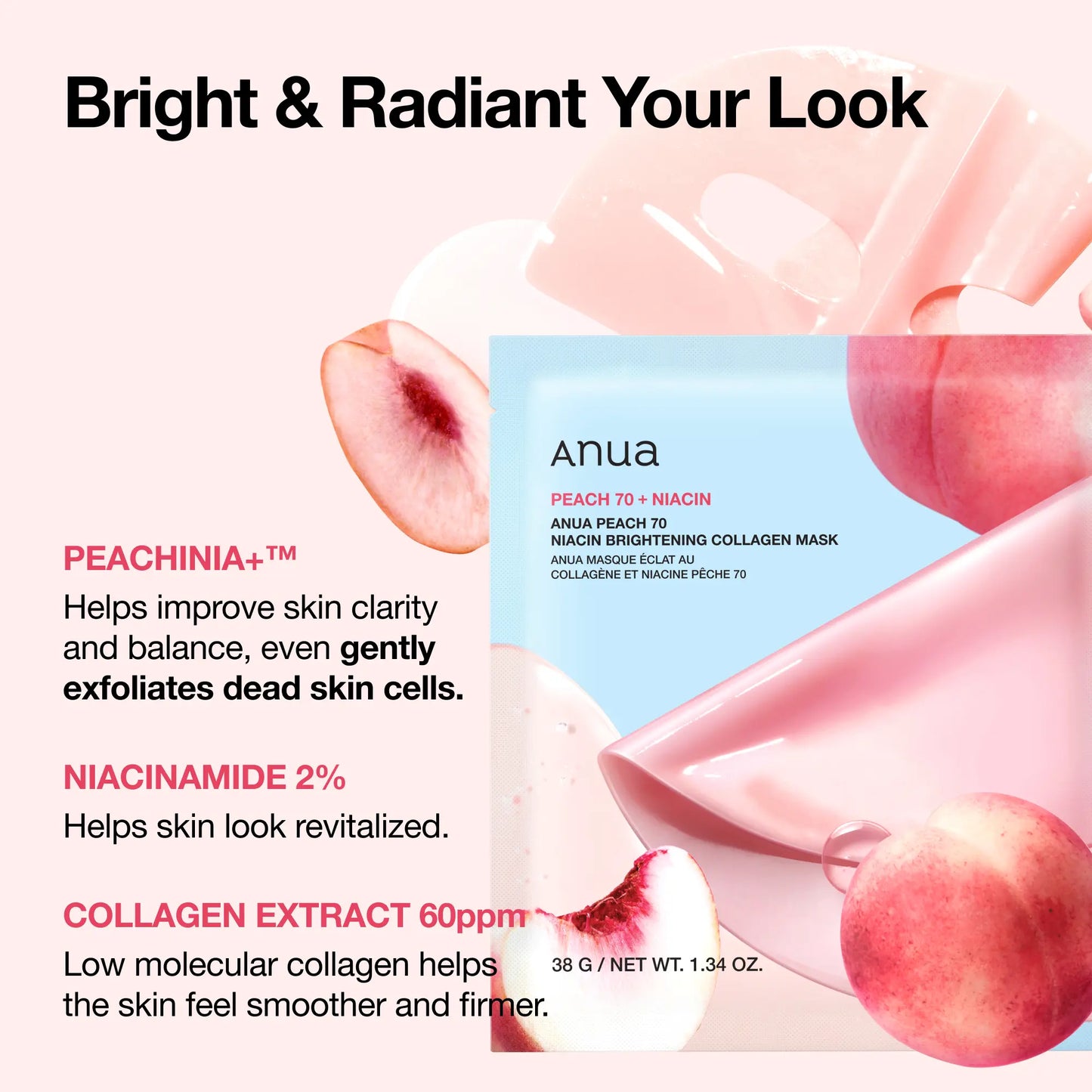 [Anua] Peach 70 Niacin Brightening Collagen Mask | 38G*4Sheets, Collagen, Gel Mask, Korean Skincare, Glass Skin, Radiant, Gentle, Firming