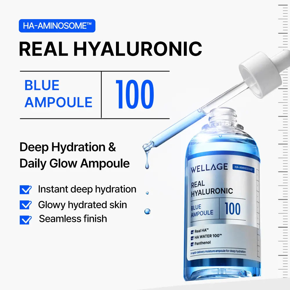 Wellage HYALURONIC DUO | Real Hyaluronic Blue Ampoule 75Ml (2.54 Fl.Oz) + Real Hyaluronic Oneday Kit 7Ea with Lightweight, 100% Pure Hyaluronic Acid for Deep Hydration and Dewy Skin, Korean Skincare Set