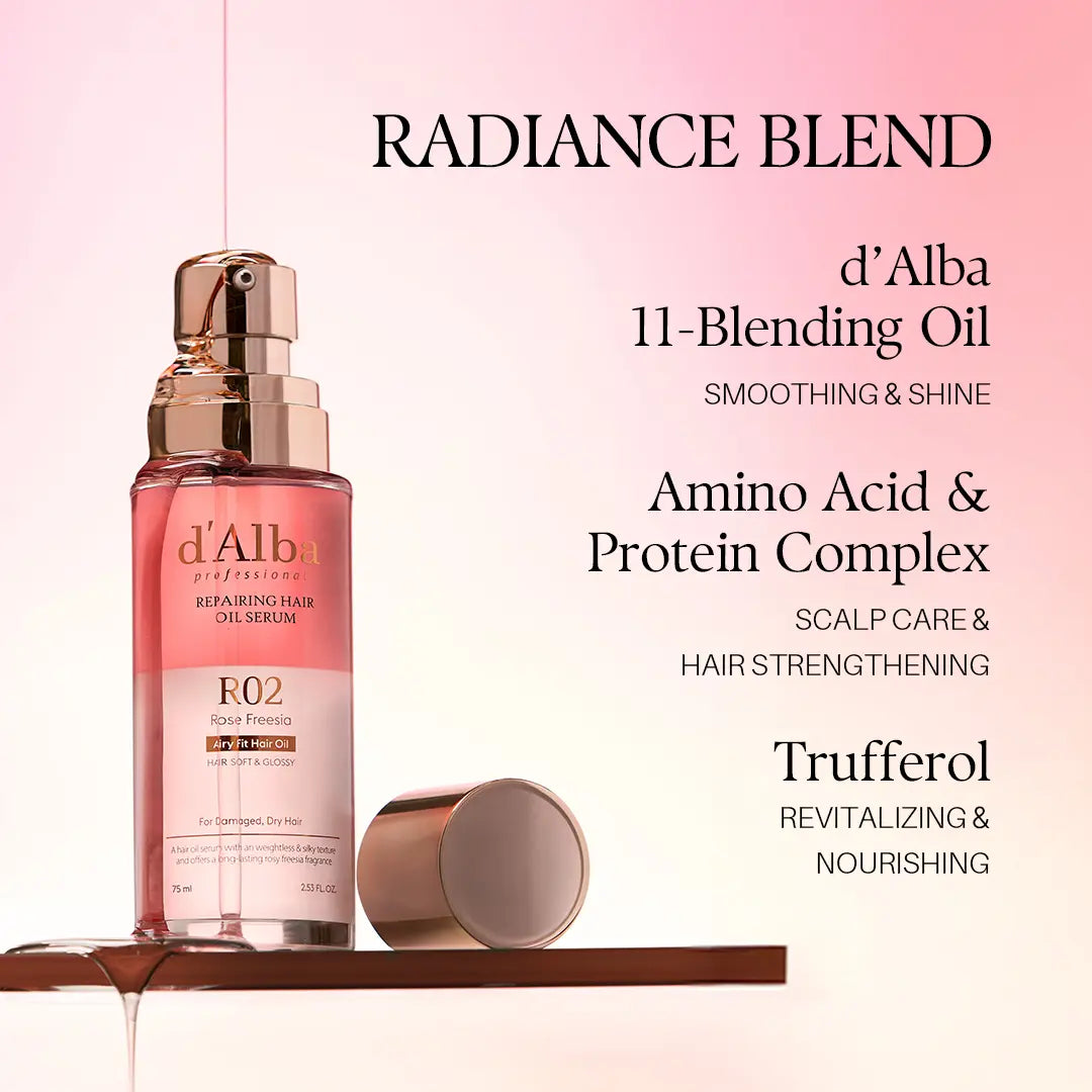 [OFFICIAL D'Alba] Professional Reparing Hair Oil Serum (2.54 Fl Oz), Silky and Glossy Hair, Lightweight & Airy Finish, Argan Oil, Amino Acid, Protein Complex, Rose Freesia Scent