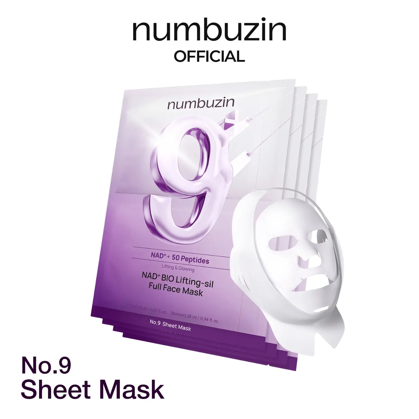 [Numbuzin Official Shop] No.9 NAD+ Lifting Sheet Mask | NAD+ BIO Lifting-Sil Full Face Mask | 4 Sheets+Lifting Band | for Face Lifting, Jawline, Double-Chin, Neck, V-Line | 50 Peptides & NAD+ & Collagen