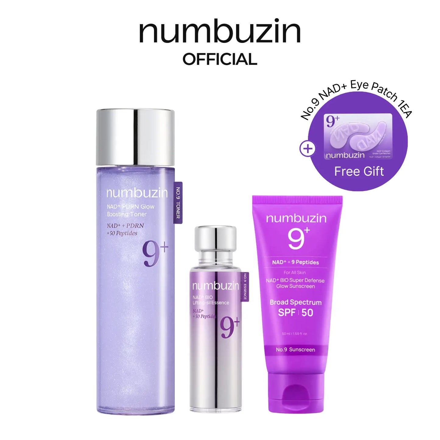 [Numbuzin Official Shop] No.9 NAD+ Glow AM Set | No.9 NAD+ PDRN Glow Boosting Toner + No.9 NAD+ BIO Lifting-Sil Essence + No.9 NAD+ BIO Super Defense Glow Sunscreen with SPF 50 | Glowing, Firming, Hydrating | Peptides, NAD+