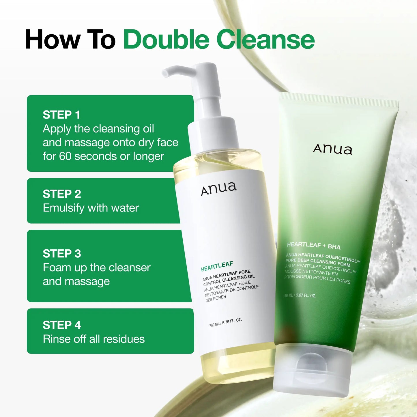 Anua Official Heartleaf Pore Control Cleansing Oil & Quercetinol Cleansing Foam - 100M Viral Double Cleanser Duo for Clear Hydrated Skin Exfoliate Blackheads