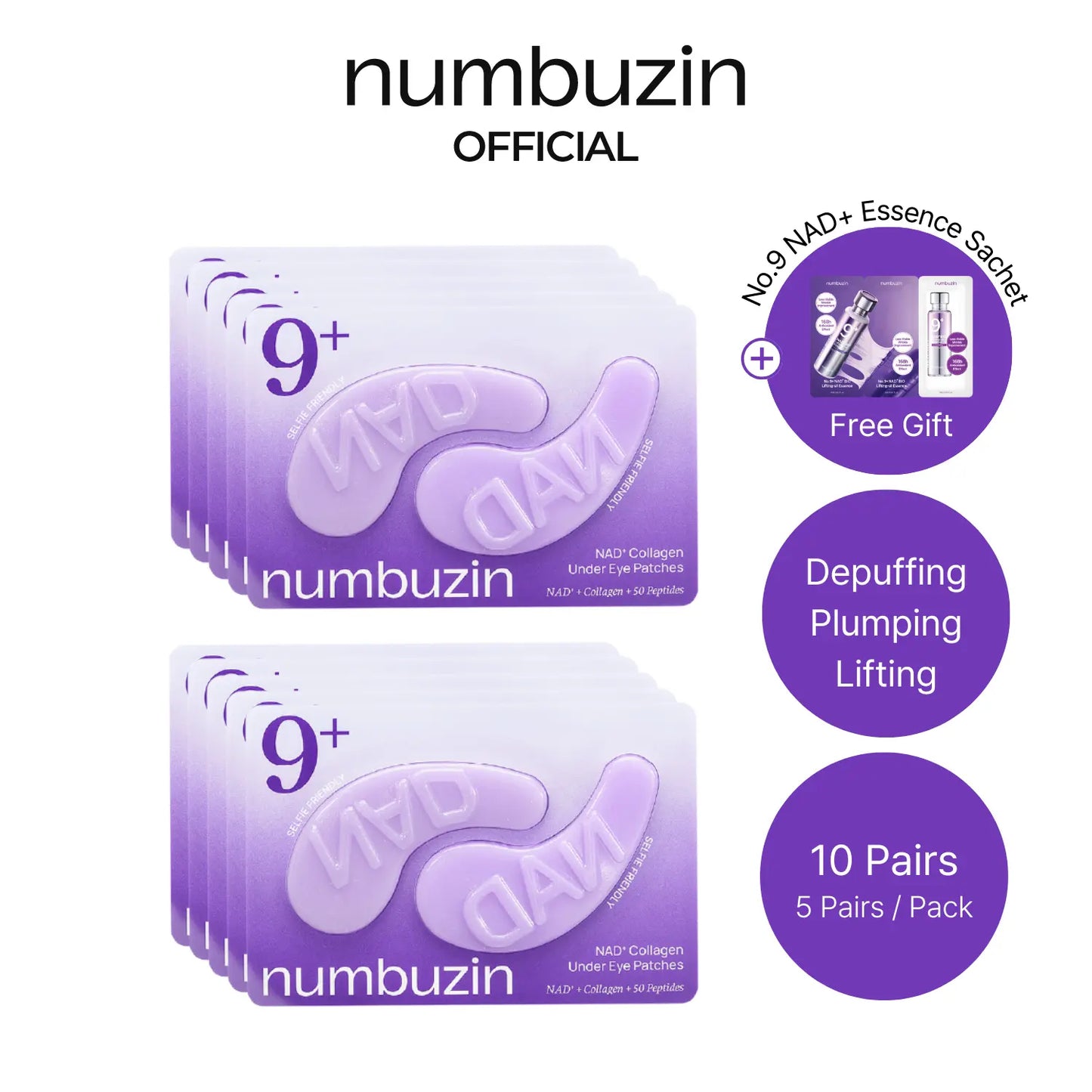 [Numbuzin Official] No.9 NAD+ Eye Patches | NAD+ Collagen under Eye Patches | Dark Circles, Cooling, Puffy Eyes, Eyebags, Wrinkles | Peptides, Caffeine, Niacinamide | Self Care, Gift | 5 Pairs, 10 Patches