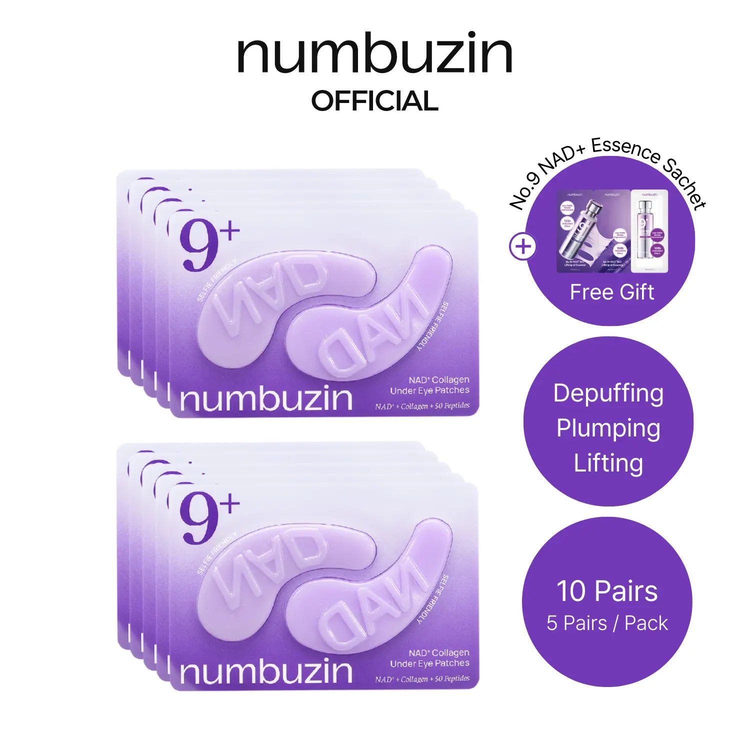 [Numbuzin Official] No.9 NAD+ Eye Patches | NAD+ Collagen under Eye Patches | Dark Circles, Cooling, Puffy Eyes, Eyebags, Wrinkles | Peptides, Caffeine, Niacinamide | Self Care, Gift | 5 Pairs, 10 Patches