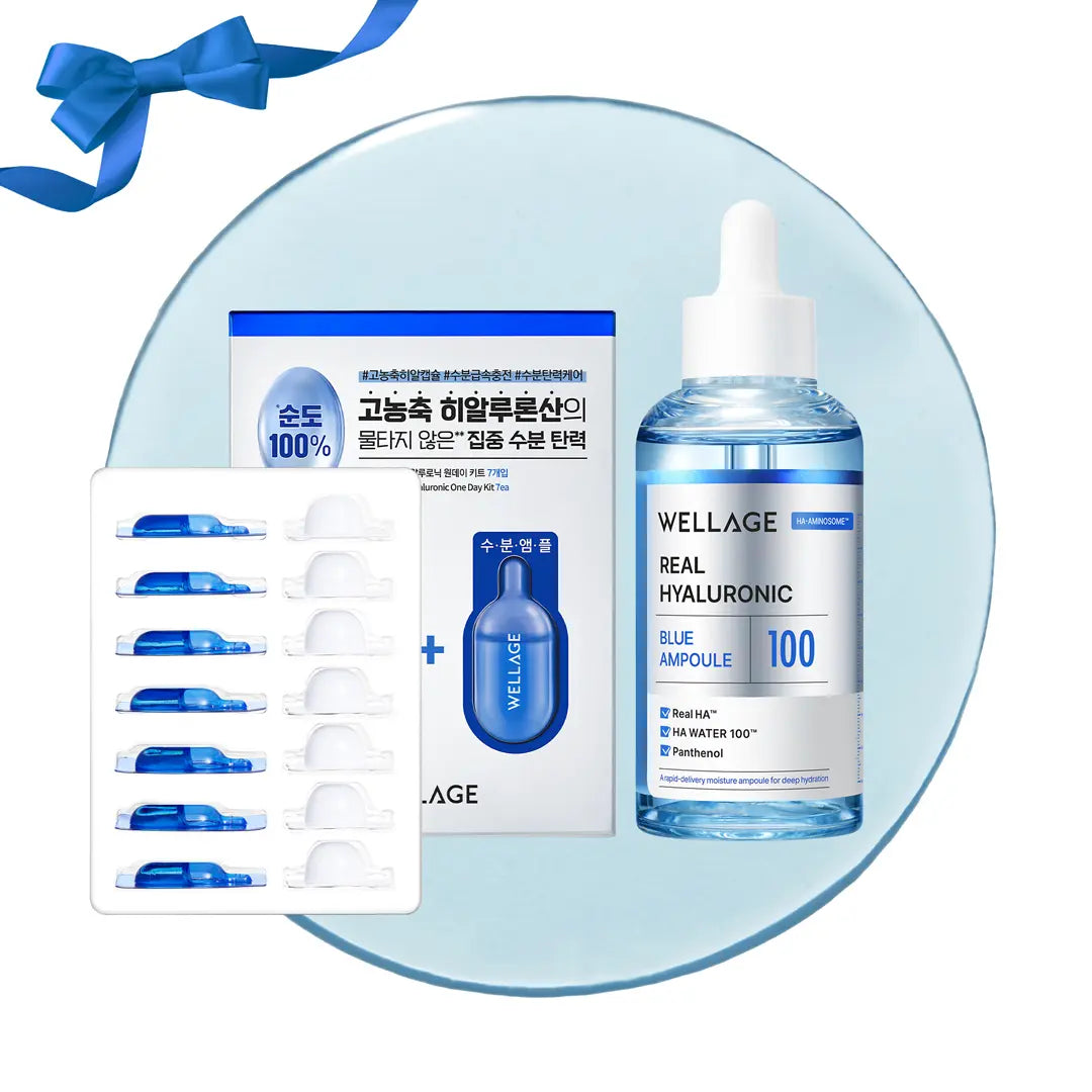 Wellage HYALURONIC DUO | Real Hyaluronic Blue Ampoule 75Ml (2.54 Fl.Oz) + Real Hyaluronic Oneday Kit 7Ea with Lightweight, 100% Pure Hyaluronic Acid for Deep Hydration and Dewy Skin, Korean Skincare Set