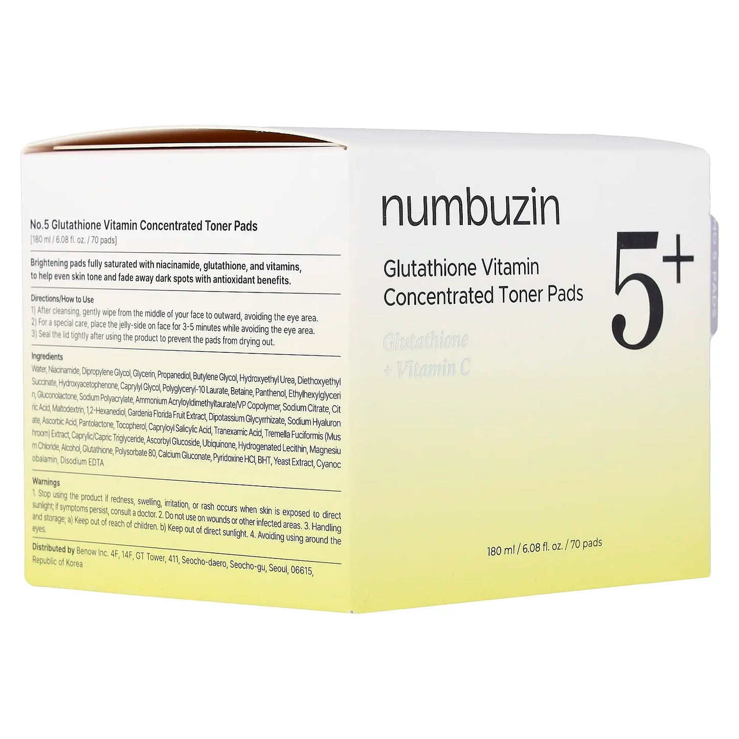 Numbuzin No.5 Glutathione Vitamin Concentrated Toner Pads, 70 Pads, 6.08 Fl Oz (180 Ml)