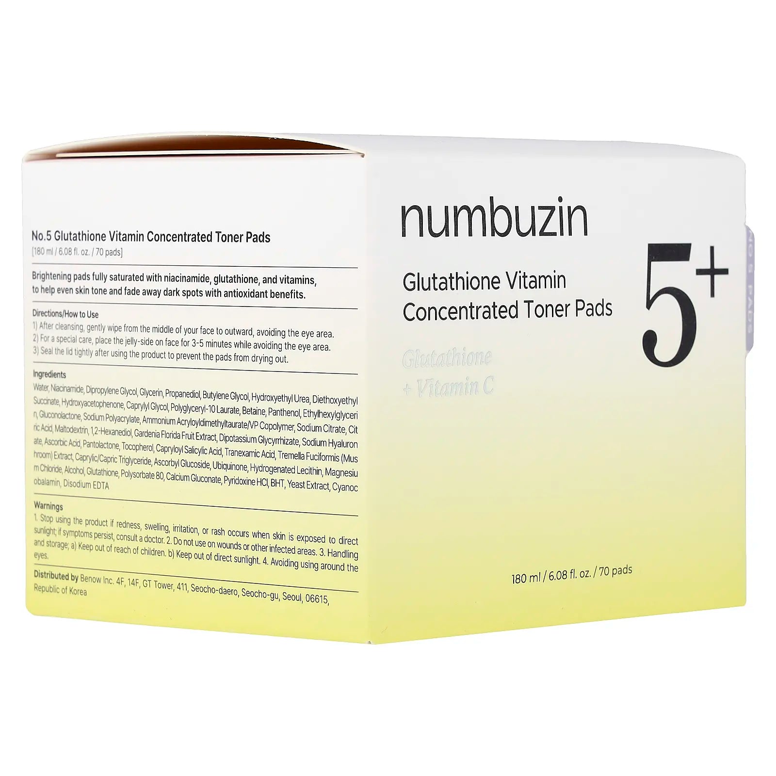 Numbuzin No.5 Glutathione Vitamin Concentrated Toner Pads, 70 Pads, 6.08 Fl Oz (180 Ml)
