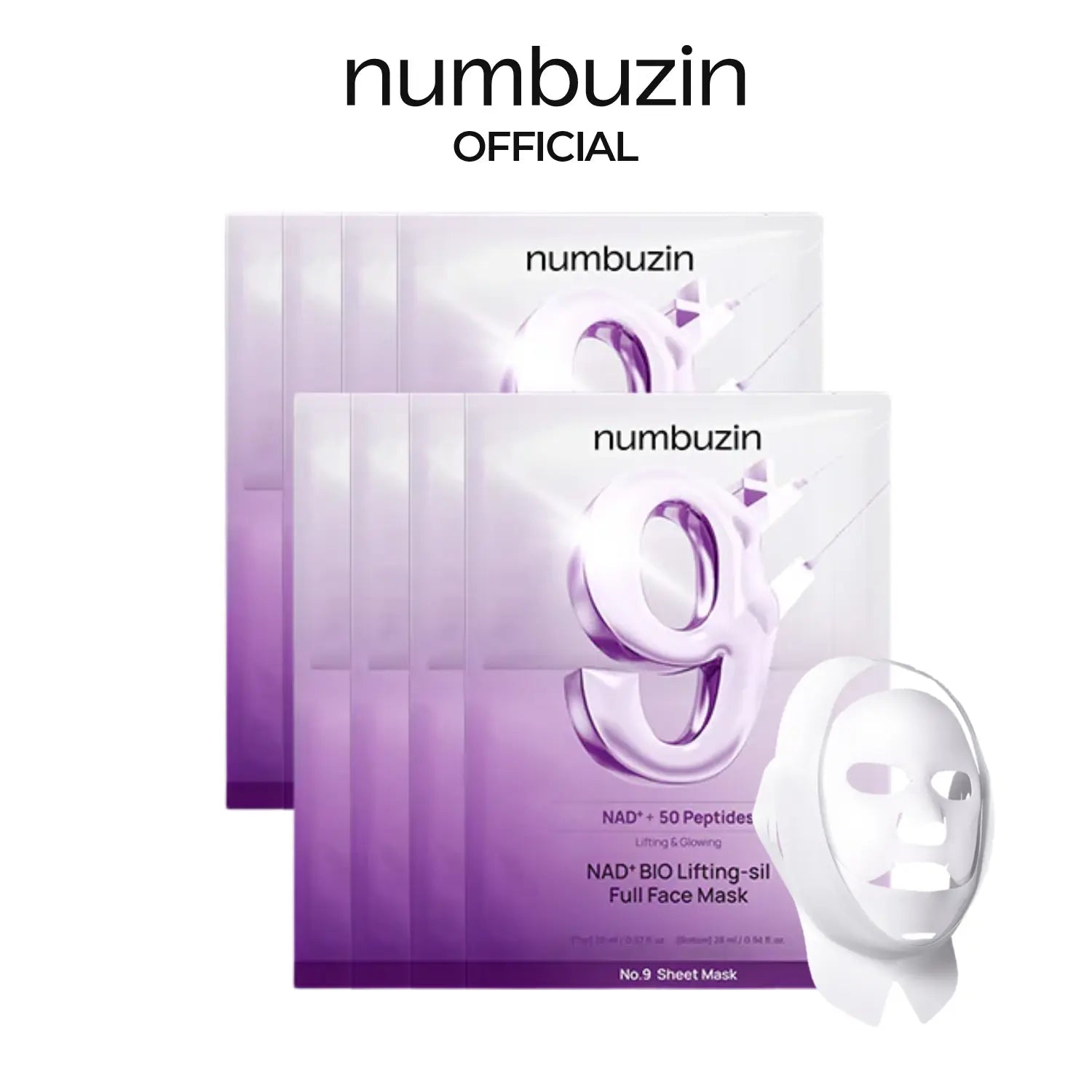 [Numbuzin Official Shop] No.9 NAD+ Lifting Sheet Mask | NAD+ BIO Lifting-Sil Full Face Mask | 4 Sheets+Lifting Band | for Face Lifting, Jawline, Double-Chin, Neck, V-Line | 50 Peptides & NAD+ & Collagen