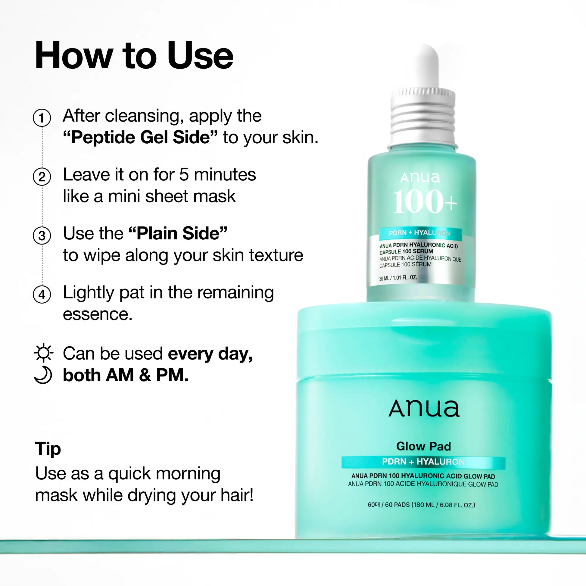 [Anua] PDRN 100 Hyaluronic Acid Glow Pad (180Ml / 60Pads)｜Deep Hydration, Radiance, Toner Pads, Korean Skincare, Rejuvenating, Firming, Collagen, Moisture Plumping, Vegan Fabric, Peptides, Glow